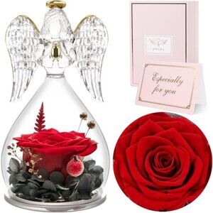 Sunia Preserved Flower Rose Birthday Gifts for Mom, Glass Angels Figurines